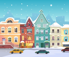 Sunny City street at Winter. Cartoon buildings. Christmas background with urban houses, boutiques, shops, grocery facade, bar door. Cars in the road at winter. Vector. Snowfall. Vector