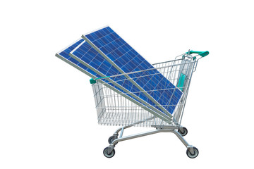 Wall Mural - photovoltaics solar panels module in shopping trolley cart isolated on white background.