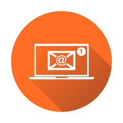 Email envelope message on laptop. Vector illustration in flat style on orange round background.