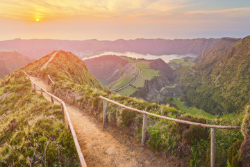 Wall Mural - mountain landscape with hiking trail and view of beautiful lakes, ponta delgada, sao miguel island, 