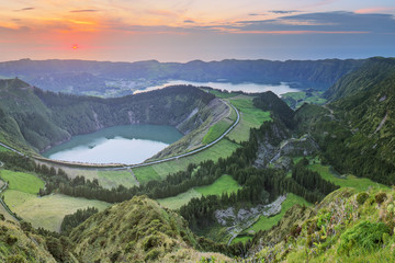 Wall Mural - mountain landscape with hiking trail and view of beautiful lakes, ponta delgada, sao miguel island, 