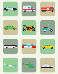 Wall Mural - Transportation icons set. Municipal and Travel transport. Public transport. Flat design style. Vector