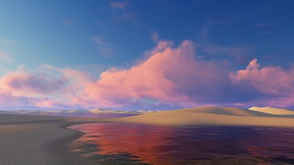 Unique white sand dunes desert and rainwater lagoons in Lencois Maranhenses National Park in Brazil at sunset. 3D illustration.