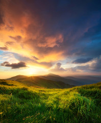 mountain valley during sunrise. natural summer landscape