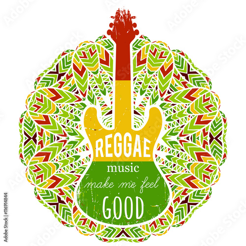 Dekoracja na wymiar  typografia-plakat-z-gitara-na-tle-kwiecisty-mandali-muzyka-reggae-sprawia-ze-czuje-sie-dobrze