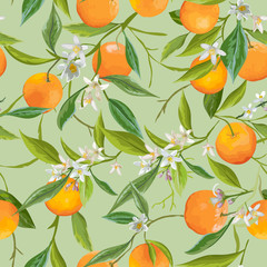 Wall Mural - Seamless Pattern. Orange Fruits Background. Floral Pattern