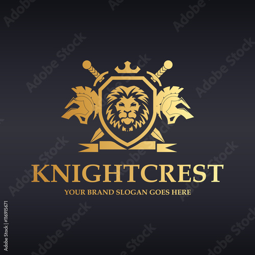 Plagát Knight Crest Logo. Heraldic lions with shield, sword and ribbon.