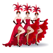French Cancan Dancers Of The Moulin Rouge. They Have Hats With Feathers And Red Theatrical Costumes.