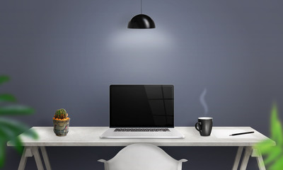 Poster - Work on laptop computer. Clean scene of the desk in office or room. Blank screen for mockup.