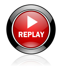 Poster - Modern design red and black circle vector replay icon. Round web play button. 