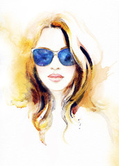 Wall Mural - Beautiful woman portrait. Abstract fashion watercolor illustration