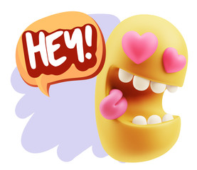 3d Rendering. Emoji in love with heart eyes saying Hey with Colo