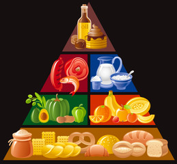 Vector illustration of food guide pyramid infographics with four levels for healthy eating and diet - cereals, whole grains, bread, fruits, vegetables, dairy milk, yoghurt, meat, fish, fat, sweet icon