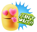 3d Rendering. Emoji in love with heart eyes saying I Can't Wait