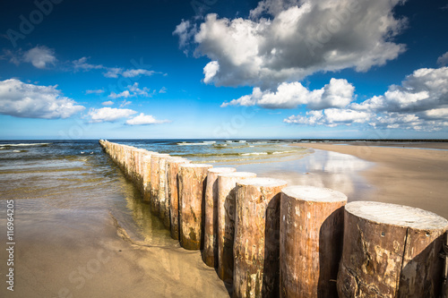 Wooden breakwaters on sandy Leba beach in late afternoon, Baltic Canvas