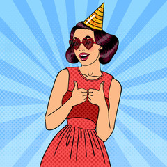 Wall Mural - Smiling Woman Having a Party in Celebration Hat. Pop Art Vector illustration