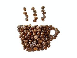 Wall Mural - roasted coffee beans, coffee cup shape isolated on white backgro