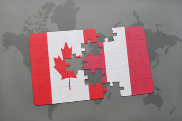 puzzle with the national flag of canada and peru on a world map background.