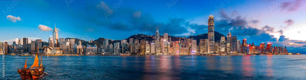 Hong Kong Victoria Harbor in magic hour - obrazy, fototapety, plakaty 