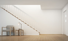 White Wall Living Room With Staircase And Door - 3D Rendering