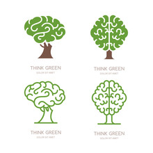 Set Of Vector Logo, Icon, Emblem Design With Brain Tree. Think Green, Eco, Save Earth And Environmental Concept. Flat Outline Brain Tree Isolated Illustration.