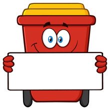 Smiling Red Recycle Bin Cartoon Mascot Character Holding A Blank Sign