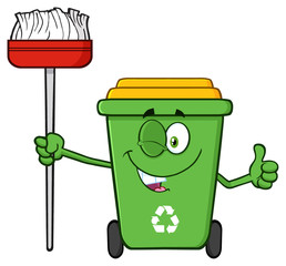 Wall Mural - Winking Green Recycle Bin Cartoon Mascot Character Holding A Broom And Giving A Thumb Up