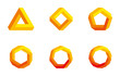 Penrose triangle and polygons in yellow and orange colors. Penrose tribar, an impossible object, appears to be a solid object. Further square, pentagon, hexagon, heptagon and octagon. Illustration.