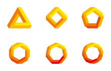 Penrose Triangle And Polygons In Yellow And Orange Colors. Penrose Tribar, An Impossible Object, Appears To Be A Solid Object. Further Square, Pentagon, Hexagon, Heptagon And Octagon. Illustration.