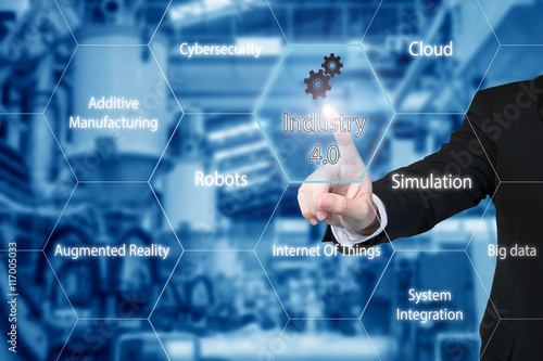 Fotografía Business man touching industry 4.0 icon in virtual interface scr