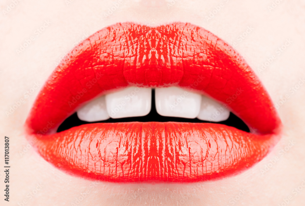 Closeup of beautiful sexy plump woman lips - obrazy, fototapety, plakaty 