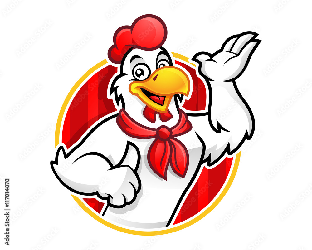 Chicken logo, chicken mascot, chicken character. Suitable for restaurant logo. Vector of chicken character. - obrazy, fototapety, plakaty 