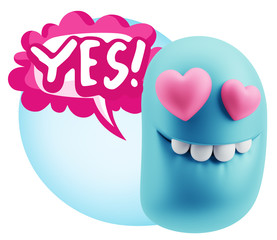 3d Rendering. Emoji in love with heart eyes saying Yes with Colo