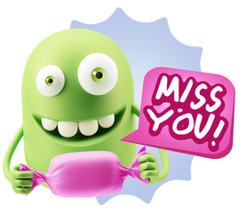 3d Rendering. Candy Gift Emoticon Face saying Miss You with Colo