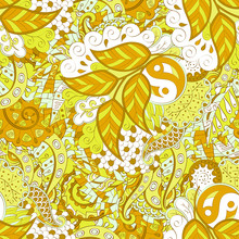 Tracery Seamless Calming Pattern. Mehendi Design. Ethnic Yellow Doodle Texture. Indifferent Discreet. Curved Doodling Mehndi Motif. Vector.