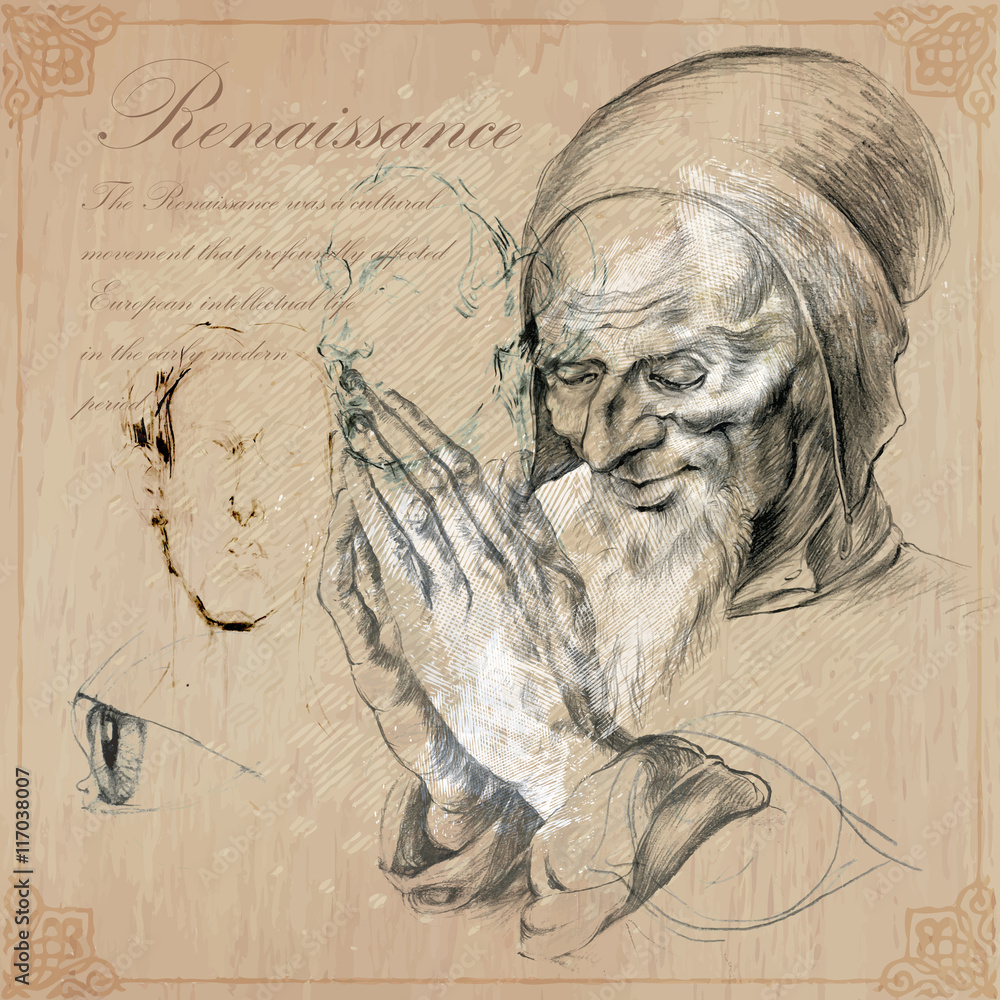 Hand drawn illustration.Bearded man,Jester probably.Praying hands.Pencil  technique converted into vector.Hand drawn illustrations.Freehand.Pencil  sketches.Hands by Albrecht Durer personal own copy. Stock Vector | Adobe  Stock, image size:1000x1000