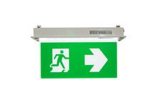 Fire Exit Signs, Green Emergency Exit Sign Showing The Way To Escape 