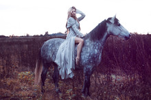 Beauty Blondie With Horse In The Field, Effect Of Toning