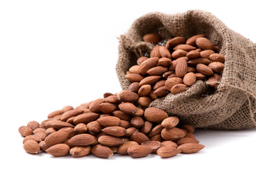 Wall Mural - Almond in sack on white background