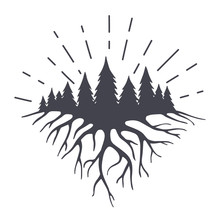Vector Illustration With Mountains Roots End Forest.