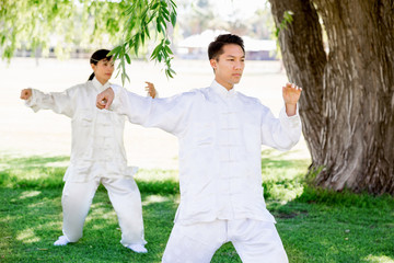 People practicing thai chi in park