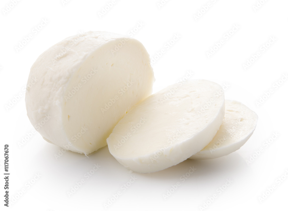 Piece of white mozzarella on white background. - obrazy, fototapety, plakaty 