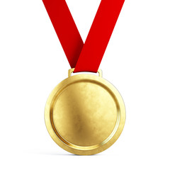 first place gold medal with red ribbon isolated on white background - 3d illustration