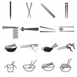 Chopsticks icons. Collection of black symbols isolated on a white background. Vector illustration