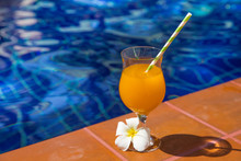 Glass Of Fresh Cool Orange Juice Drink Flower Swimming Pool