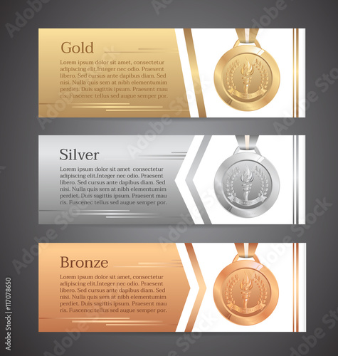Fotografie, Obraz Set of horizontal banners, Gold, Silver, Bronze medal, Vector illustration