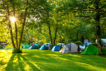 Wall Mural - tents camping area, early morning, beautiful natural place