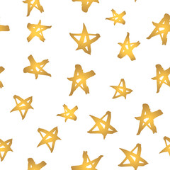 Abstract modern seamless pattern with gold stars. Hand drawn golden stars on white. Shiny background like gold foil.