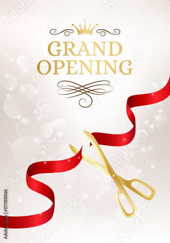 Fotografía Grand opening banner with cut red ribbon and gold scissors.