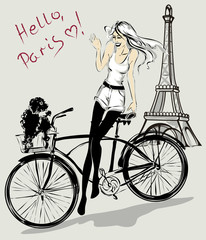 Wall Mural - Retro fashion girl with dog in a bicycle basket near Eiffel Tower, Paris